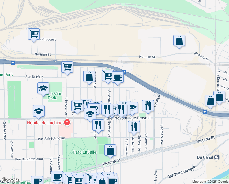 map of restaurants, bars, coffee shops, grocery stores, and more near 792 7e Avenue in Montréal