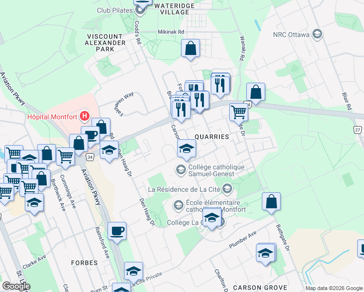 map of restaurants, bars, coffee shops, grocery stores, and more near 623 Carsons Road in Ottawa
