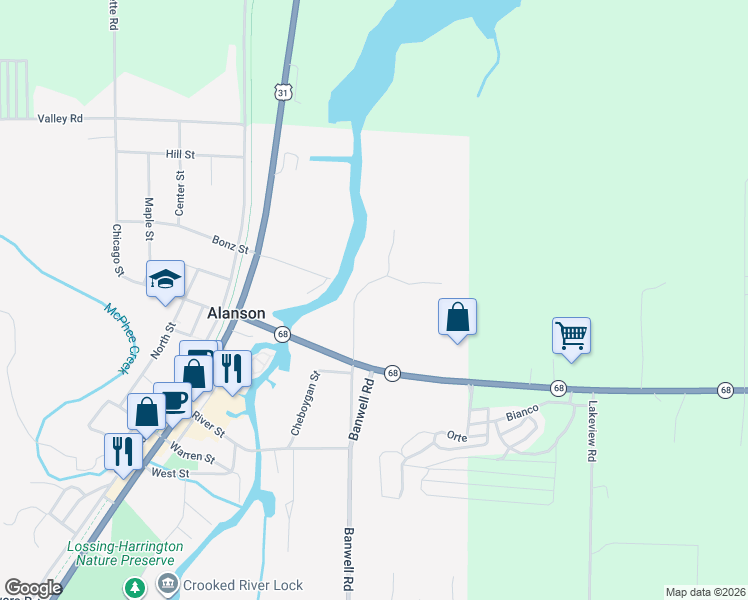 map of restaurants, bars, coffee shops, grocery stores, and more near 7239 Spring Street in Alanson