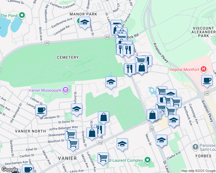 map of restaurants, bars, coffee shops, grocery stores, and more near 118 Dunbarton Court in Ottawa