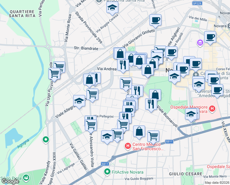 map of restaurants, bars, coffee shops, grocery stores, and more near 12 Via Benedetto Alfieri in Novara