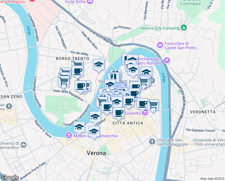 map of restaurants, bars, coffee shops, grocery stores, and more near 12 Via San Salvatore Vecchio in Verona