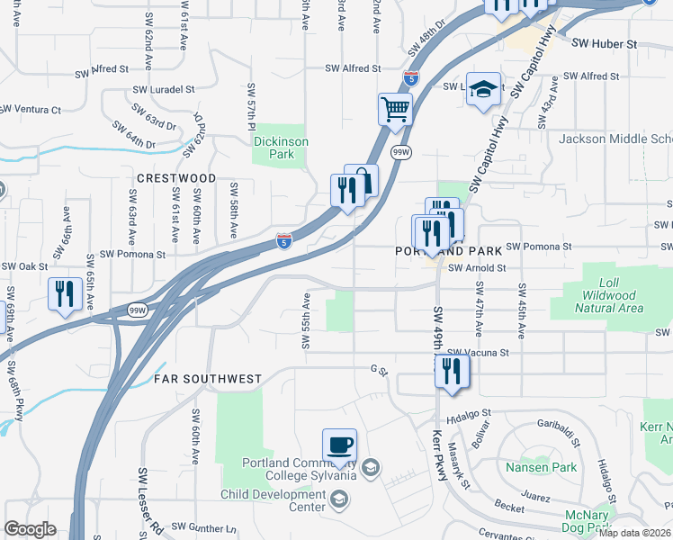 map of restaurants, bars, coffee shops, grocery stores, and more near 11271 Southwest Capitol Highway in Portland