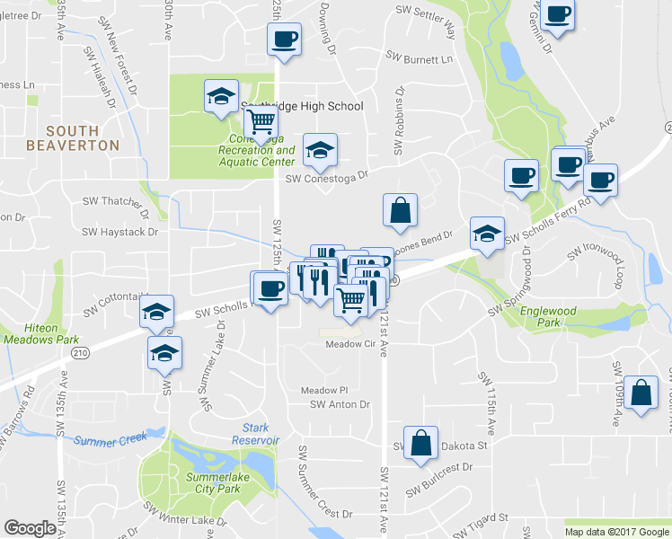 map of restaurants, bars, coffee shops, grocery stores, and more near 44 Southwest Pioneer Lane in Beaverton