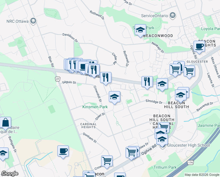 map of restaurants, bars, coffee shops, grocery stores, and more near in Ottawa
