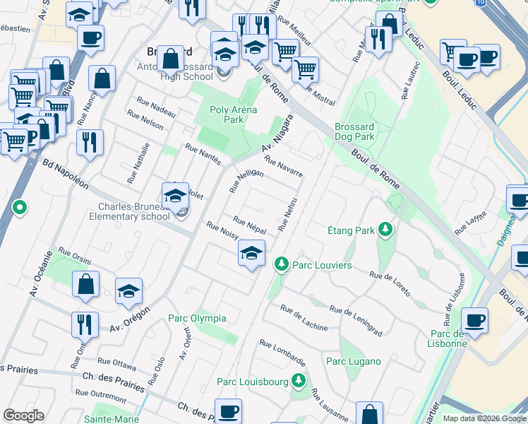 map of restaurants, bars, coffee shops, grocery stores, and more near 8083 Place de la Norvège in Brossard