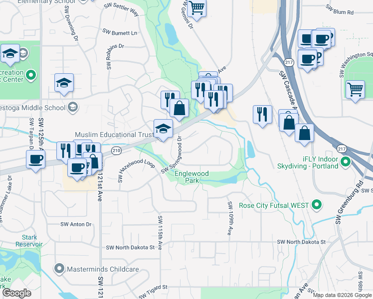 map of restaurants, bars, coffee shops, grocery stores, and more near 11305 Southwest Ironwood Loop in Tigard