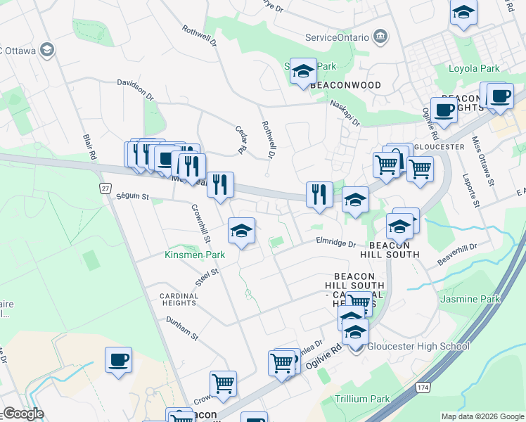 map of restaurants, bars, coffee shops, grocery stores, and more near in Ottawa