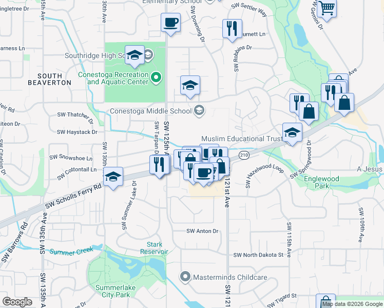 map of restaurants, bars, coffee shops, grocery stores, and more near 12000 Southwest Pioneer Lane in Beaverton