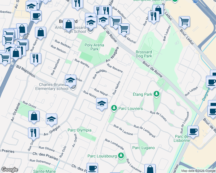 map of restaurants, bars, coffee shops, grocery stores, and more near 8083 Place de la Norvège in Brossard