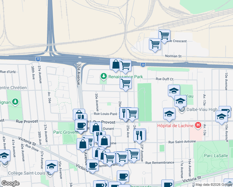 map of restaurants, bars, coffee shops, grocery stores, and more near 2633 Rue Sherbrooke East in Montreal