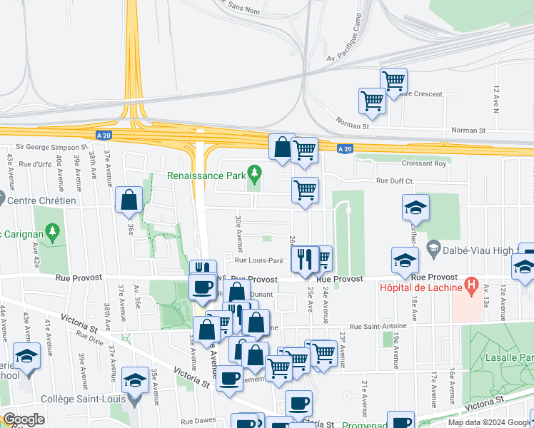 map of restaurants, bars, coffee shops, grocery stores, and more near 2795 Rue Sherbrooke East in Montreal