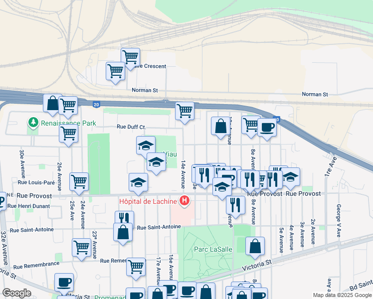 map of restaurants, bars, coffee shops, grocery stores, and more near 784 14e Avenue in Montréal
