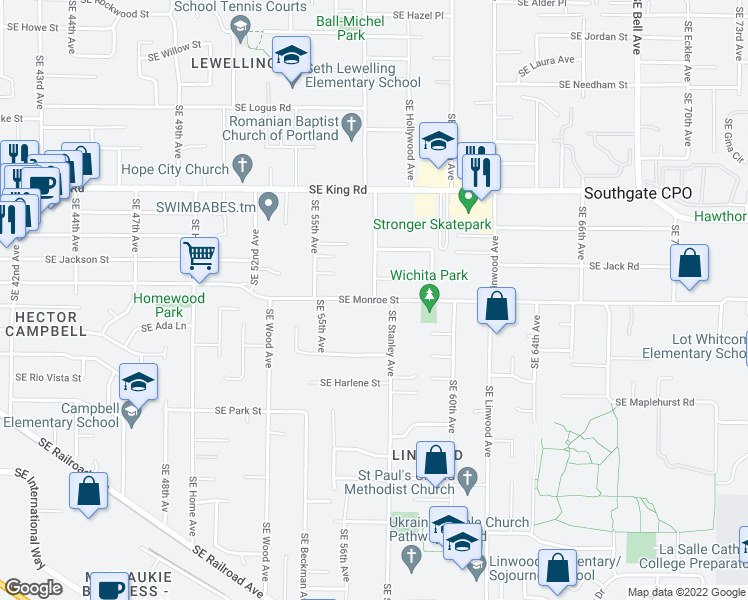 map of restaurants, bars, coffee shops, grocery stores, and more near 7946 SE Monroe St in Milwaukie