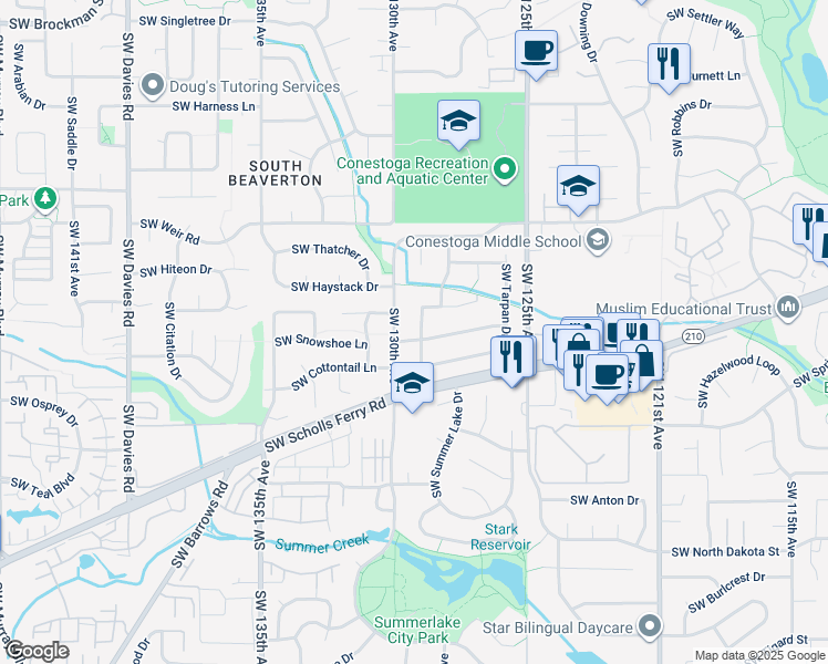 map of restaurants, bars, coffee shops, grocery stores, and more near 10500 Southwest Clydesdale Terrace in Beaverton
