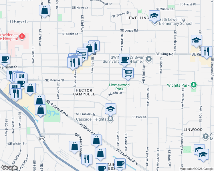 map of restaurants, bars, coffee shops, grocery stores, and more near 4721 Southeast Ada Lane in Milwaukie