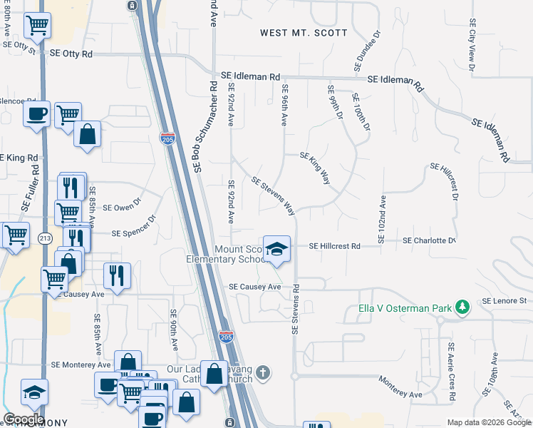 map of restaurants, bars, coffee shops, grocery stores, and more near 9479 Southeast Hillcrest Road in Happy Valley