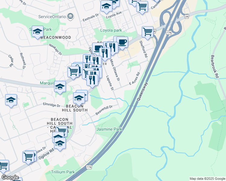 map of restaurants, bars, coffee shops, grocery stores, and more near Laporte Street in Ottawa