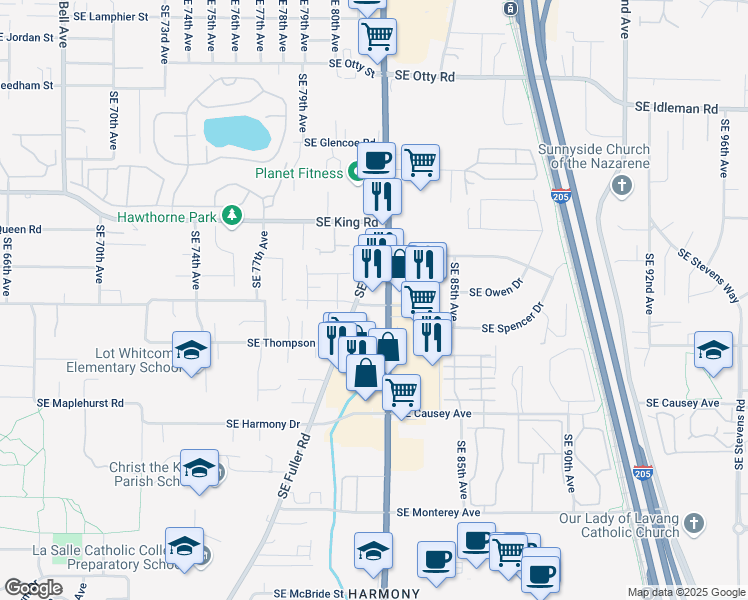map of restaurants, bars, coffee shops, grocery stores, and more near 11021 Southeast 82nd Avenue in Portland