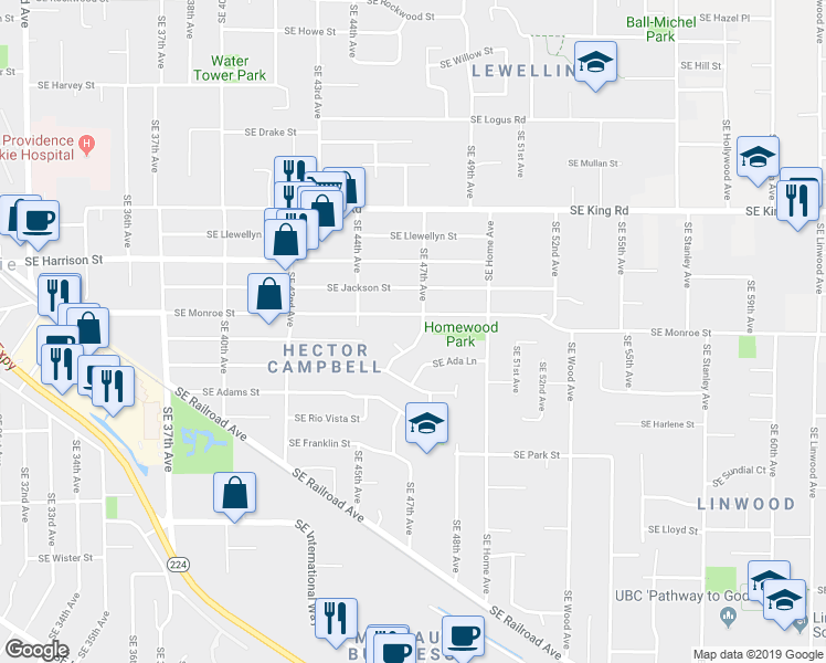 map of restaurants, bars, coffee shops, grocery stores, and more near 4721 Southeast Ada Lane in Milwaukie