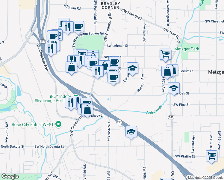 map of restaurants, bars, coffee shops, grocery stores, and more near 9420 Southwest Oak Street in Tigard