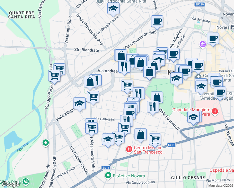 map of restaurants, bars, coffee shops, grocery stores, and more near 12 Via Benedetto Alfieri in Novara
