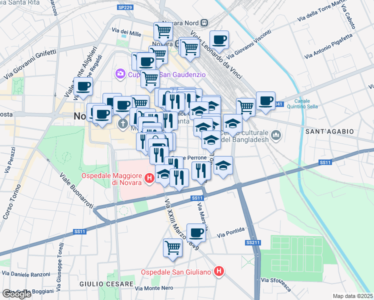 map of restaurants, bars, coffee shops, grocery stores, and more near 16 Via Ettore Perrone in Novara