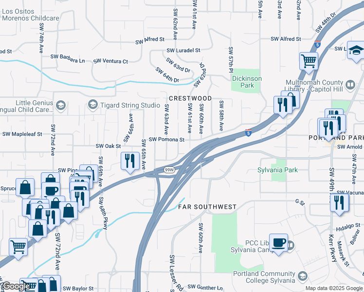 map of restaurants, bars, coffee shops, grocery stores, and more near 11340 Southwest 62nd Avenue in Portland