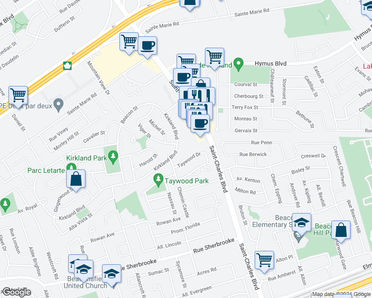 map of restaurants, bars, coffee shops, grocery stores, and more near 21 Boulevard Kirkland in Kirkland
