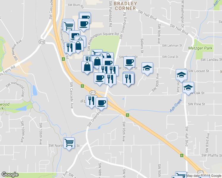 map of restaurants, bars, coffee shops, grocery stores, and more near 10500 Southwest Greenburg Road in Portland