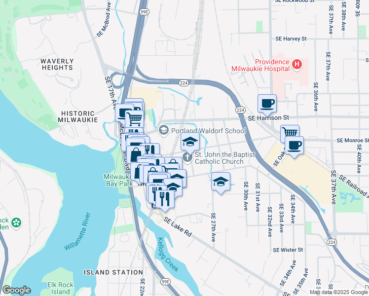 map of restaurants, bars, coffee shops, grocery stores, and more near 2425 Southeast Monroe Street in Milwaukie