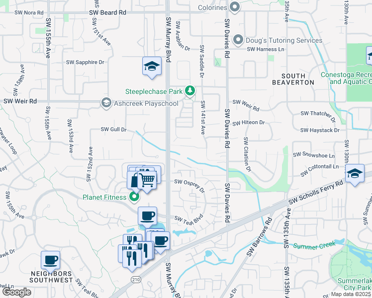 map of restaurants, bars, coffee shops, grocery stores, and more near 14350 Southwest Fox Lane in Beaverton