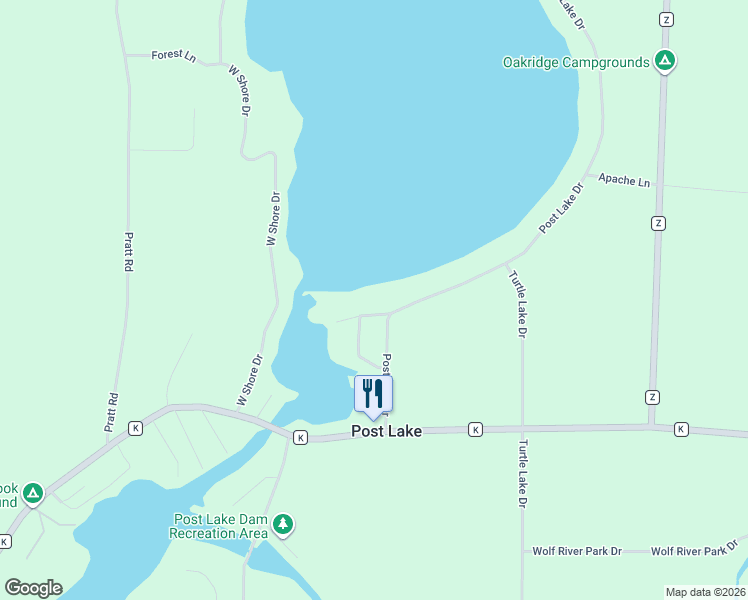 map of restaurants, bars, coffee shops, grocery stores, and more near W8702 Point Lane in Elcho