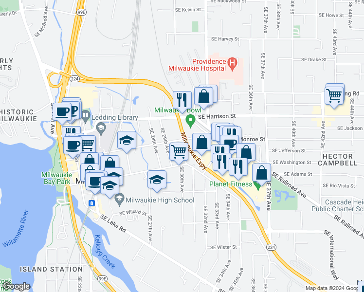 map of restaurants, bars, coffee shops, grocery stores, and more near 2992 Southeast Monroe Street in Milwaukie