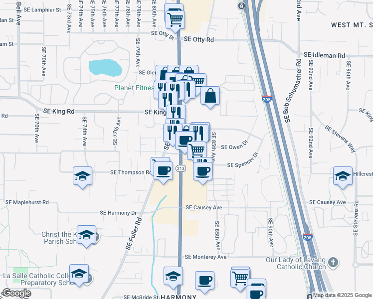 map of restaurants, bars, coffee shops, grocery stores, and more near 10730 SE 82nd Ave in Happy Valley