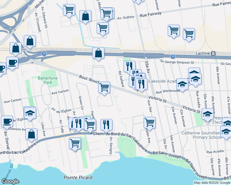 map of restaurants, bars, coffee shops, grocery stores, and more near 301 Avenue de l'Académie in Dorval