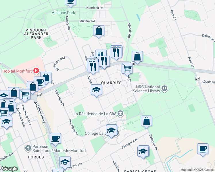 map of restaurants, bars, coffee shops, grocery stores, and more near in Ottawa