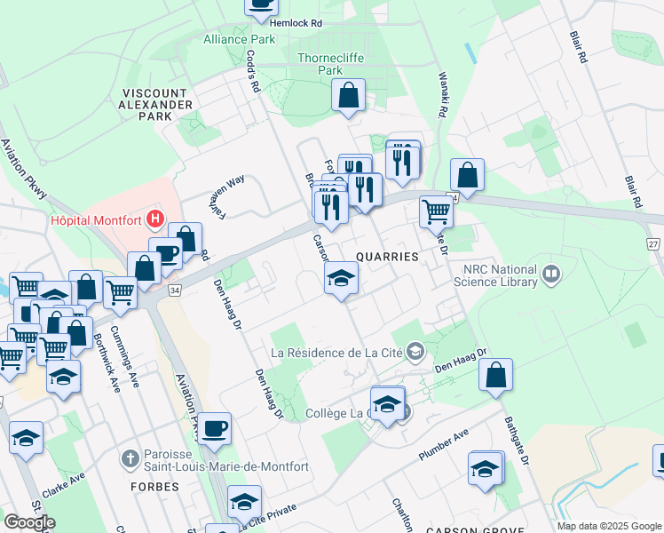 map of restaurants, bars, coffee shops, grocery stores, and more near in Ottawa
