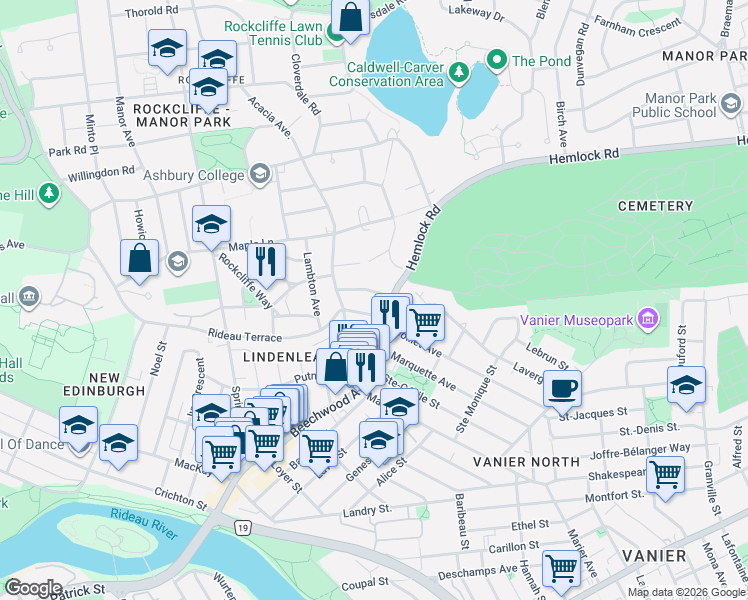 map of restaurants, bars, coffee shops, grocery stores, and more near 25 Juliana Road in Ottawa