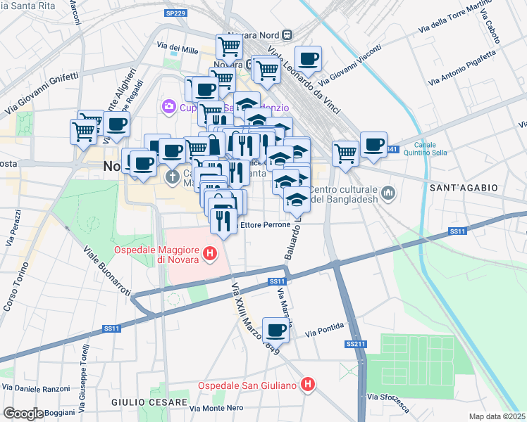 map of restaurants, bars, coffee shops, grocery stores, and more near 2 Via dei Tornielli in Novara