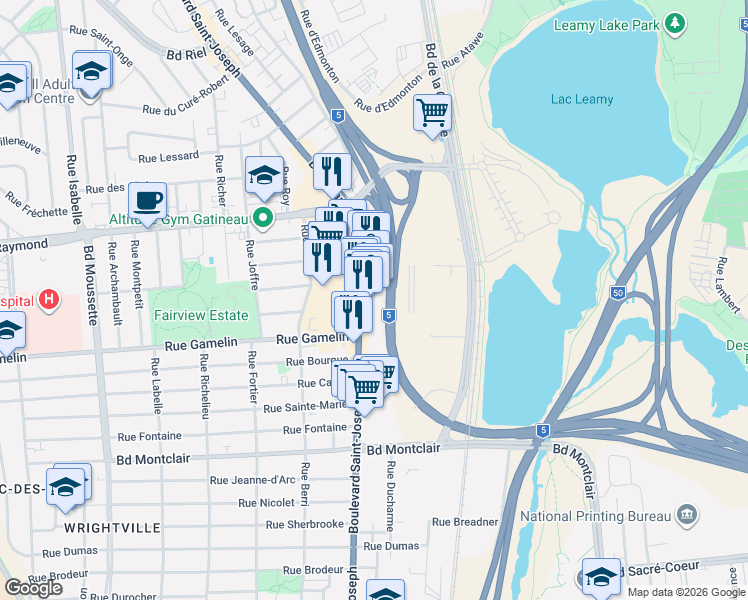 map of restaurants, bars, coffee shops, grocery stores, and more near 442 Boulevard Saint-Joseph in Gatineau