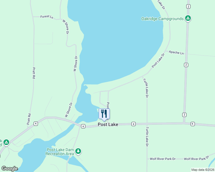 map of restaurants, bars, coffee shops, grocery stores, and more near W8702 Point Lane in Elcho