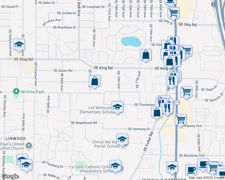 map of restaurants, bars, coffee shops, grocery stores, and more near 7307 Southeast Monroe Street in Milwaukie