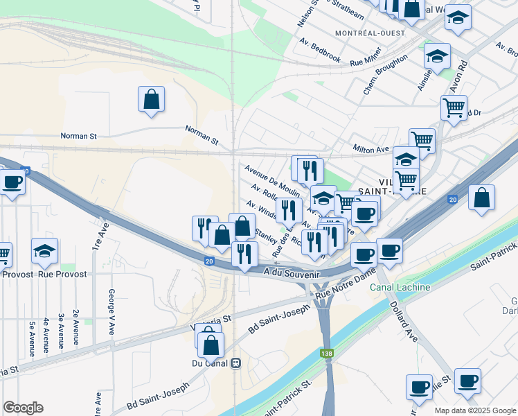 map of restaurants, bars, coffee shops, grocery stores, and more near Avenue Windsor in Montréal