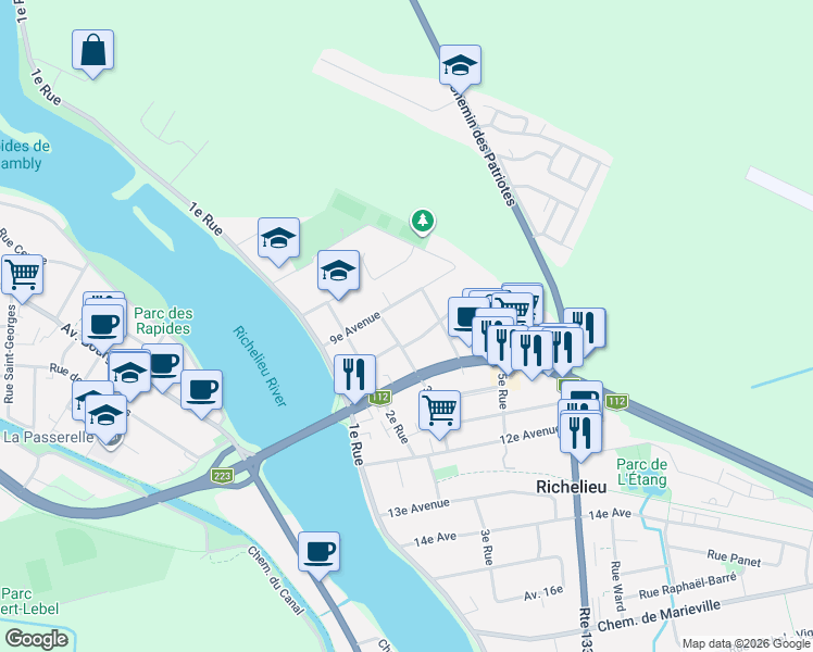 map of restaurants, bars, coffee shops, grocery stores, and more near 936 3e Rue in Richelieu