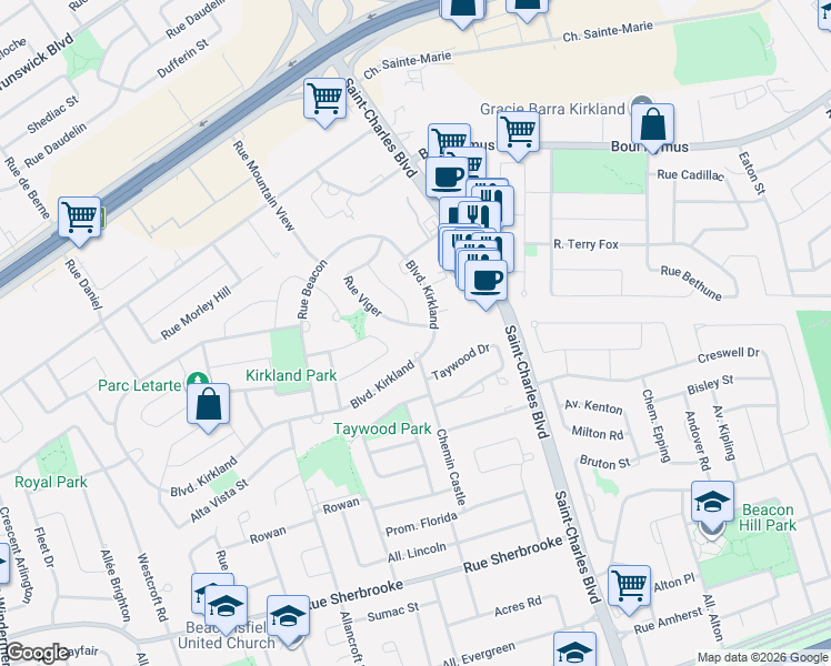 map of restaurants, bars, coffee shops, grocery stores, and more near 6 Rue Viger in Kirkland