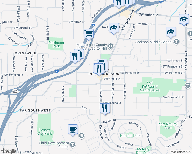 map of restaurants, bars, coffee shops, grocery stores, and more near 4940 Southwest Pomona Street in Portland