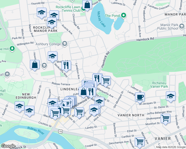 map of restaurants, bars, coffee shops, grocery stores, and more near 480 Oakhill Road in Ottawa