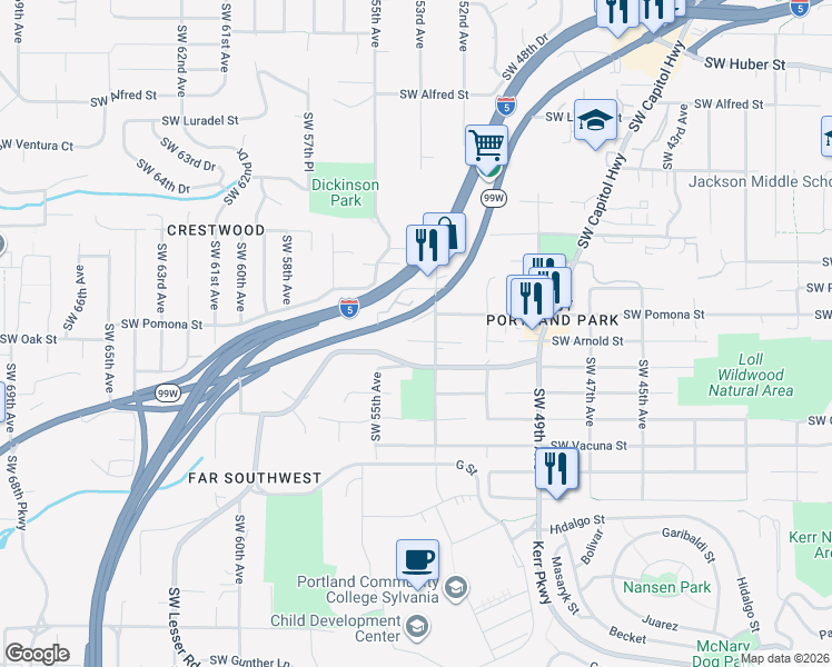 map of restaurants, bars, coffee shops, grocery stores, and more near 5333 Southwest Arnold Street in Portland