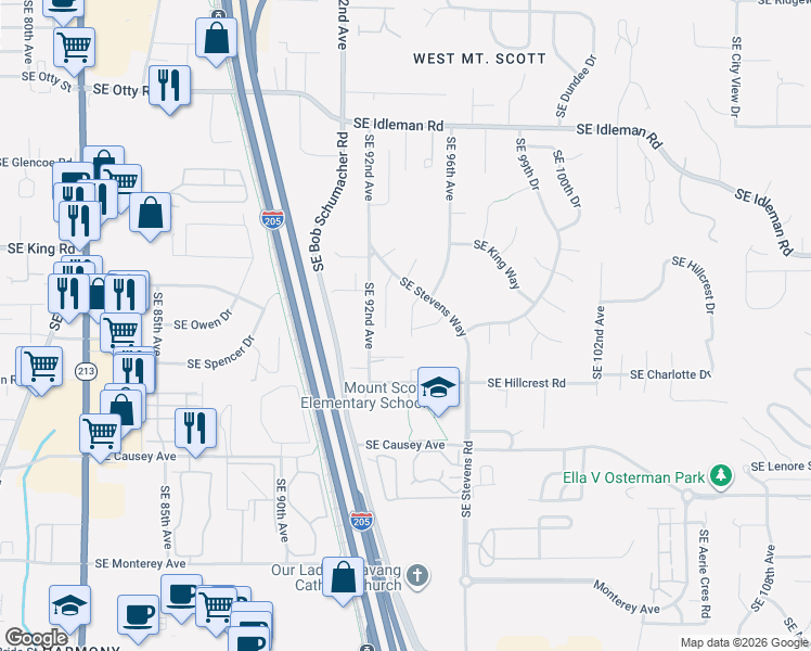 map of restaurants, bars, coffee shops, grocery stores, and more near 10793 Southeast 95th Court in Happy Valley